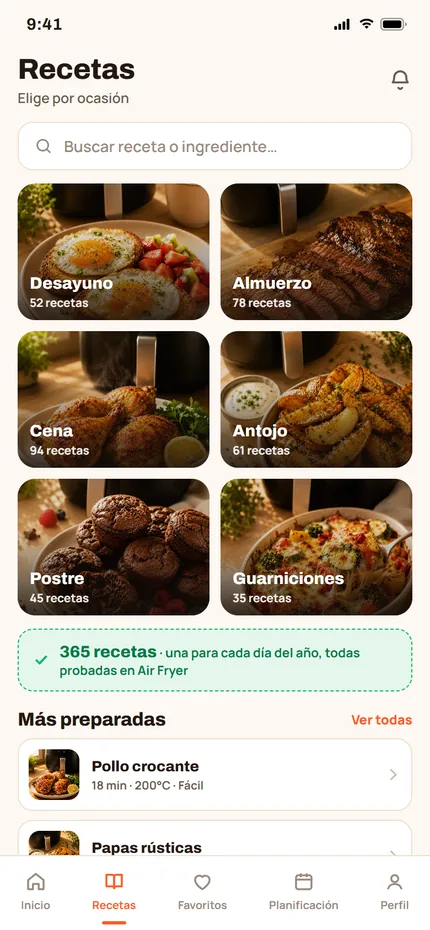 Pantalla de la app con las recetas agrupadas por ocasión