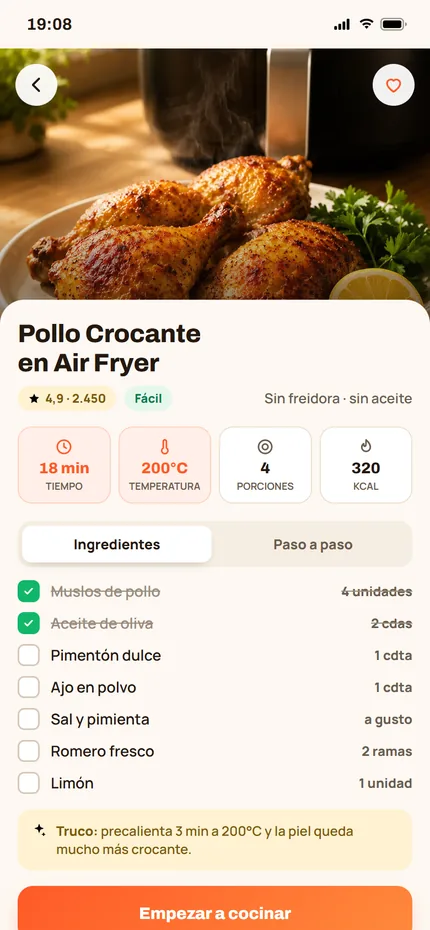 Ficha de receta con tiempo, temperatura, porciones e ingredientes
