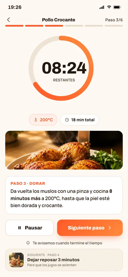 Modo cocina con temporizador y el paso actual