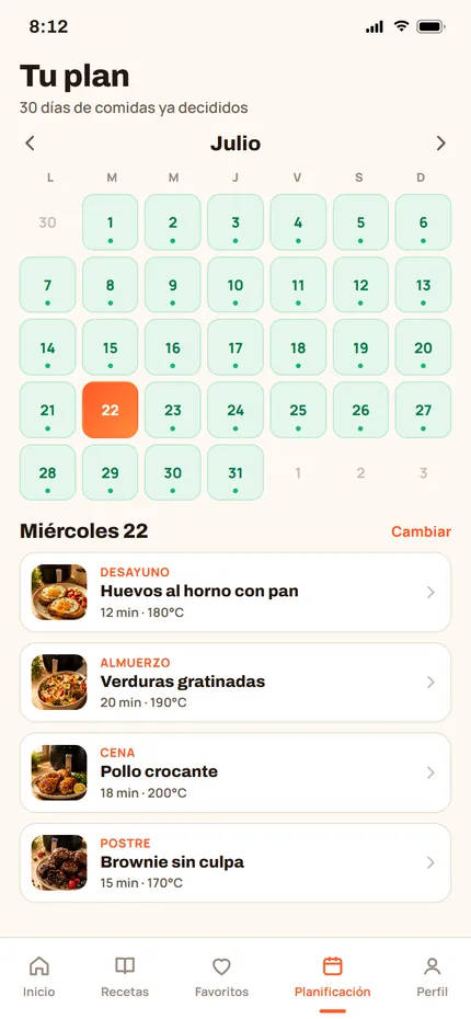 Calendario del plan de 30 días con las comidas de cada día