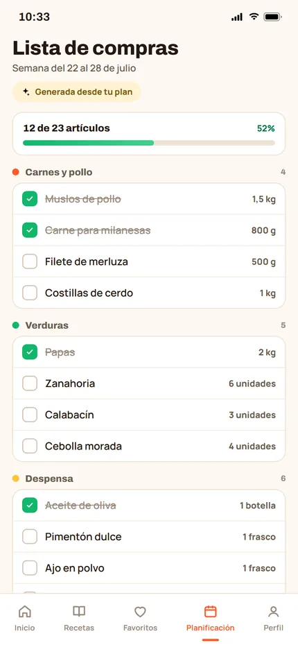 Lista de compras generada automáticamente y agrupada por sección